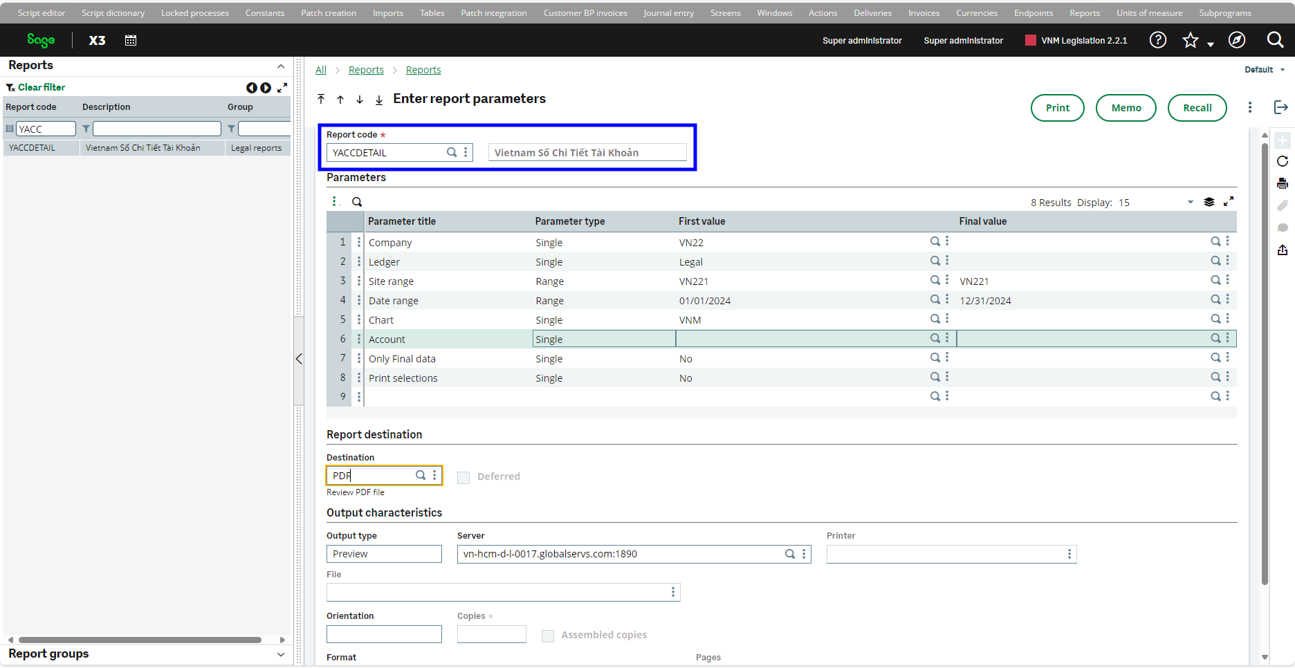 code de rapport "YACCDETAIL"