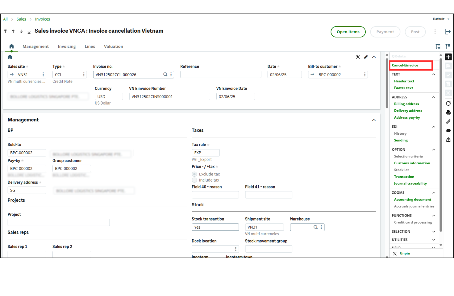 perform the CANCEL action for the incorrect invoice