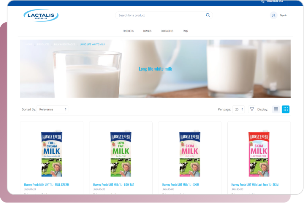 A screenshot of the Lactalis Australia website displaying a product category page for "Long life white milk". Below the banner, four varieties of Harvey Fresh milk cartons are listed in a grid.
